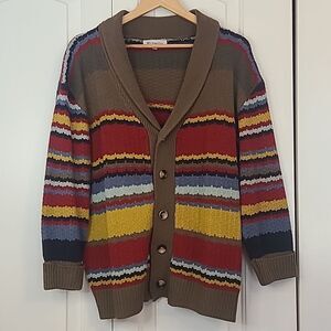 OrderPlus Men’s Striped Multicolor Retro Style Hipster Cardigan Sweater Size L